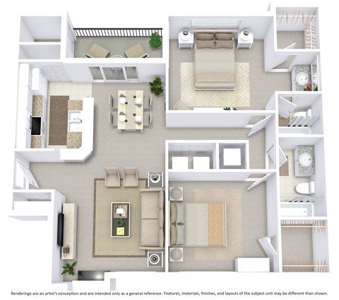 This is a 3D-floor plan providing a detailed, angled view of the space with room layouts, furniture placement, and spatial flow. Features 2 bedroom/s, 2 bathroom/s, and approximately 1048 Sq. Ft